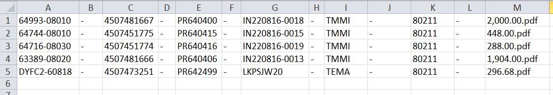 Image of the excel output showing the filenames in the excel. The filenames are separated by spaces when dividing into excel columns.